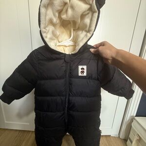 Black Hooded Baby Snowsuit with Bear Patch